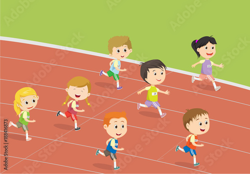 happy kids running  on the track of stadium