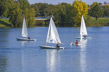Fotobehang Zeilen Kleine zeilboten regatta op meer  © smuki