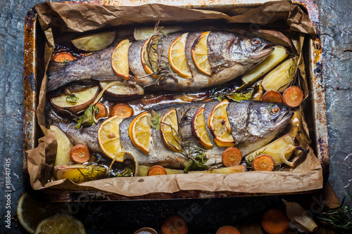 Salmon and ingredients for cooking and seasoning