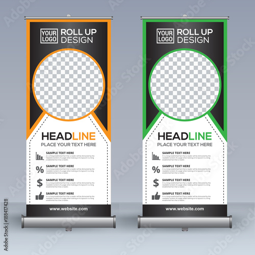 Roll up banner design template, vertical, abstract background, pull up design, modern x-banner, rectangle size. 