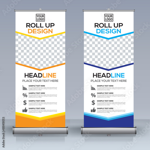 Roll up banner design template, vertical, abstract background, pull up design, modern x-banner, rectangle size. 
