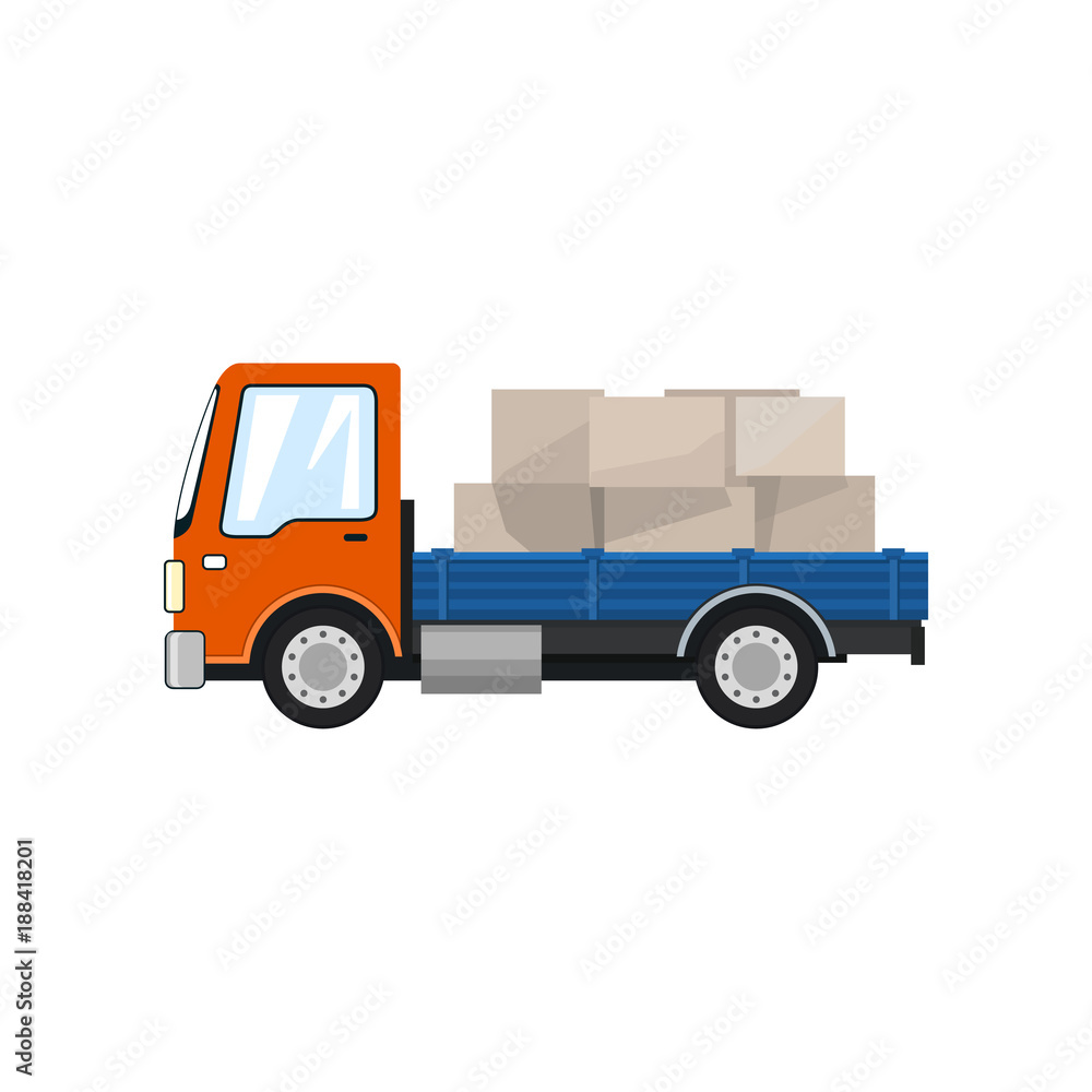 Small Cargo Truck, Lorry with Boxes Isolated on a White Background, Delivery Services, Logistics, Shipping and Freight of Goods, Vector Illustration