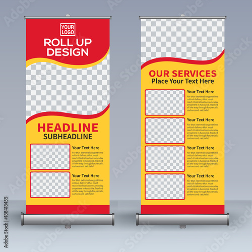 Roll up banner design template, vertical, abstract background, pull up design, modern x-banner, rectangle size. 