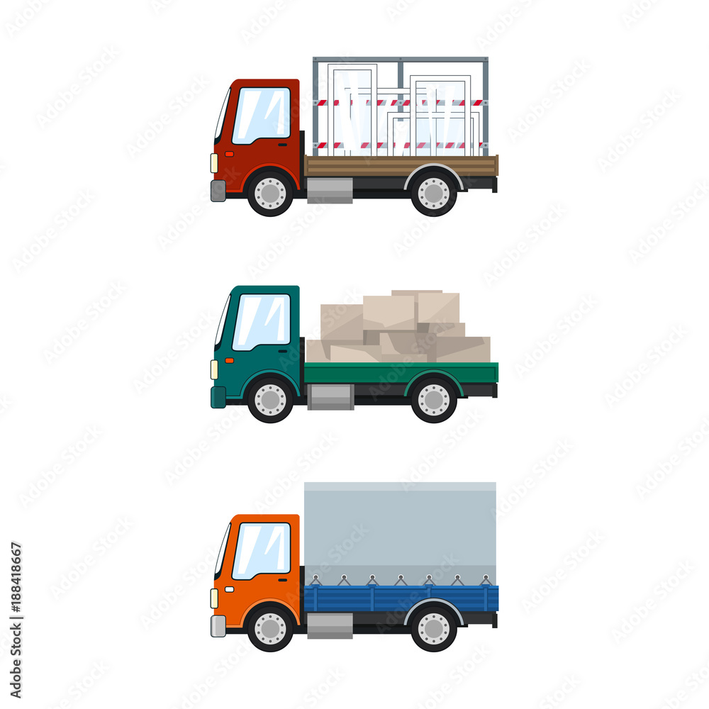 Set of Small Cargo Trucks, Car Transports Glass, Lorry with Boxes, Orange Closed Truck, Delivery Services, Logistics, Shipping and Freight of Goods, Vector Illustration