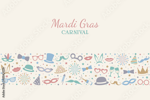 Mardi Gras - concept of banner with funny costumes. Vector.