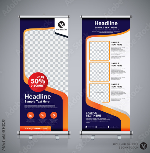 Roll up banner design template, vertical, abstract background, pull up design, modern x-banner, rectangle size. 