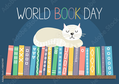 World Book Day. Different color books with ornament on shelf with white cat sleeping on bookshelf on blue background. Vector illustration.