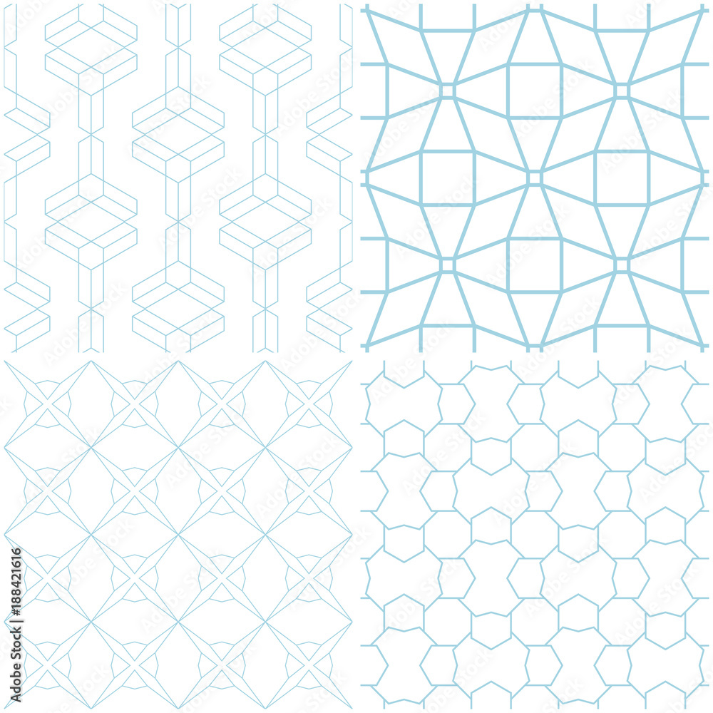 Geometric patterns. Set of blue elements on white. Seamless backgrounds Geometric patterns. Set of blue elements on white. Seamless backgrounds