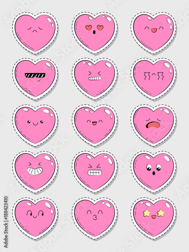 Set of icons with different emotions heart. Collection of emoticons for site, info graphics, video, animation, websites, mails, newsletters, reports, comics. Doodle illustration. Hand drawn heart