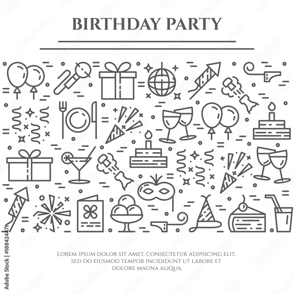 Birthday party theme horizontal banner. Set of elements of cake, present, champagne, disco, firework and other entertainment related pictograms. Vector illustration. Editable stroke Birthday party theme horizontal banner. Set of elements of cake, present, champagne, disco, firework and other entertainment related pictograms. Vector illustration. Editable stroke