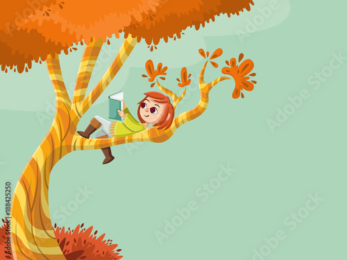 Fotografiet Cute cartoon girl reading book over a tree. Nature background.