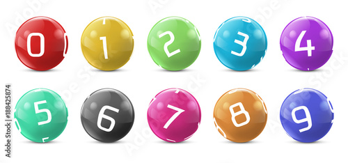 Vector lotto colored balls with numbers. Lottery bingo gambling spheres. Snooker, billiard sport game realistic isolated illustration with reflections on white background.