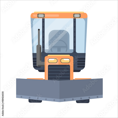 Snow removal tractor or machine for highway service. Snow grooming vehicle. Flat vector illustration.