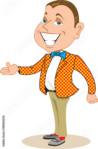 Salesman or politician wearing a loud, checked jacket and  a big smile.