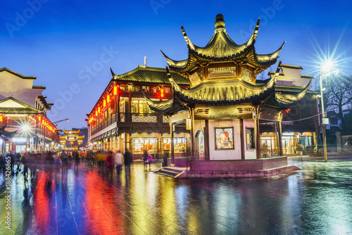 Nanjing Confucius Temple scenic region at night. People are visiting. Located in Nanjing, Jiangsu, China.