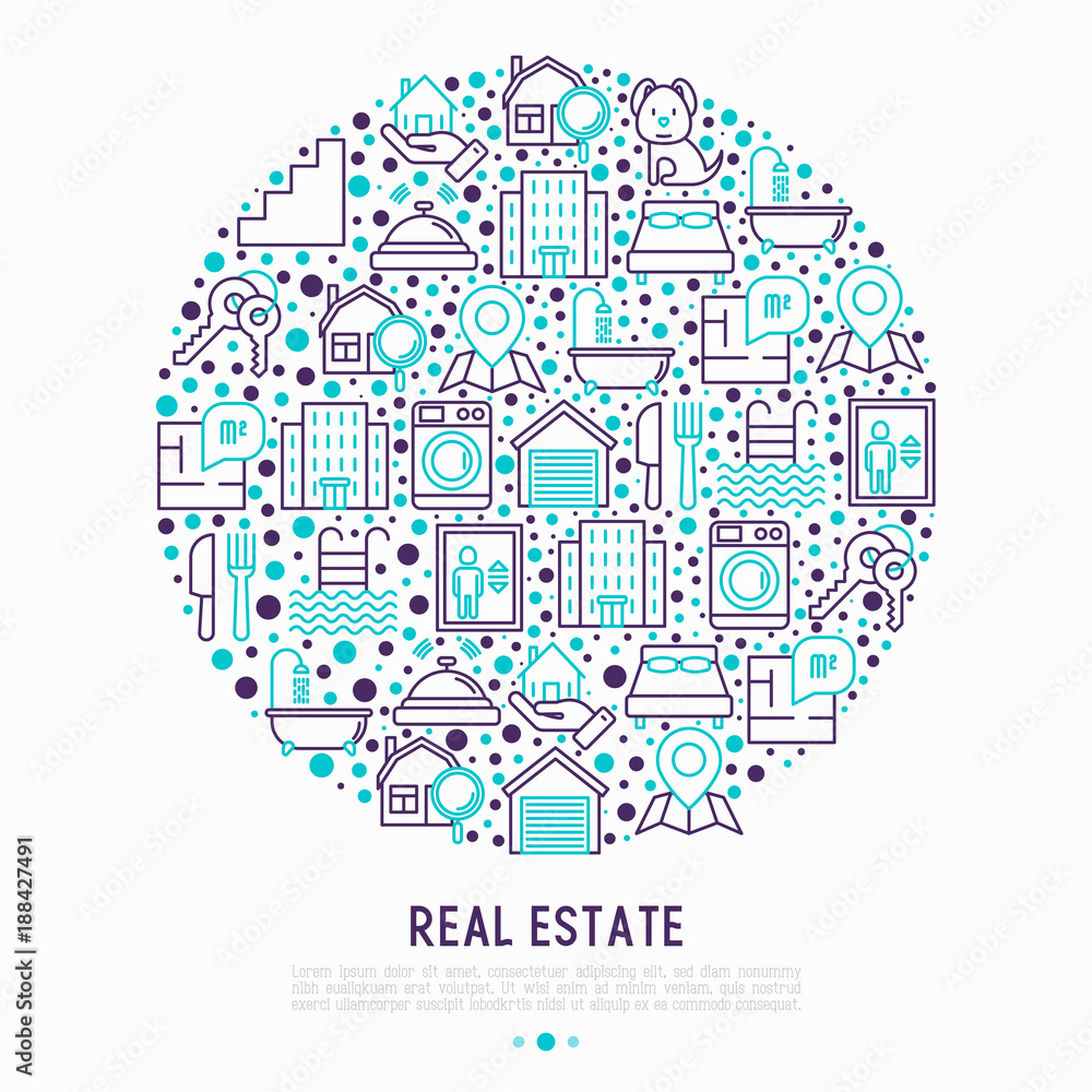 Real estate concept in circle with thin line icons: apartment house, bedroom, keys, elevator, swimming pool, bathroom, facilities. Modern vector illustration for web page, print media.