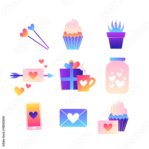 Collection of trendy neon vector icons. Colorful illustrations with heart  cup  arrow  gift  cupcake. Cute gradient icons on white isolated background.