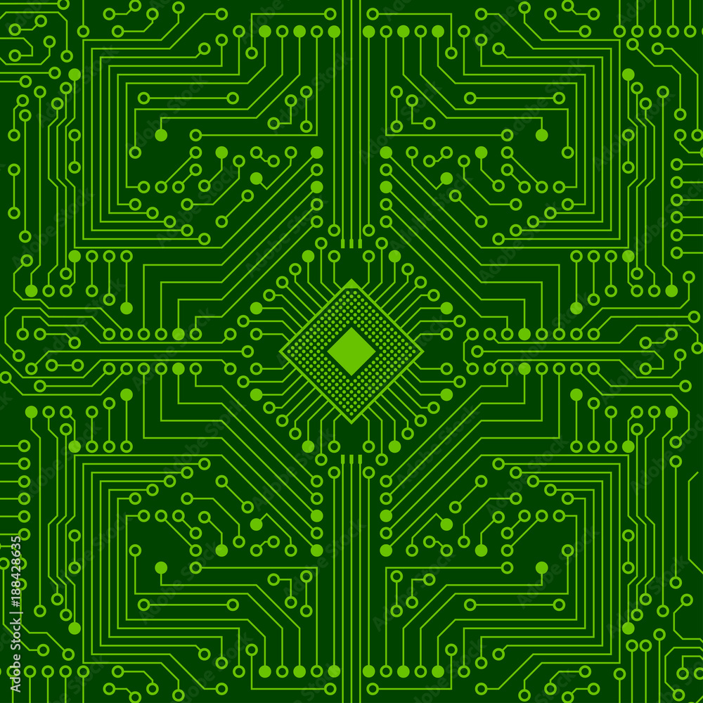 The electronic board from the computer in green color with a microprocessor in the center. Vector image. The electronic board from the computer in green color with a microprocessor in the center. Vector image.
