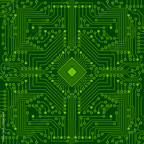 The electronic board from the computer in green color with a microprocessor in the center. Vector image.