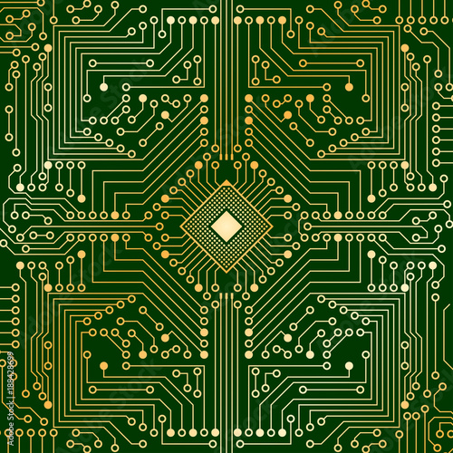 The electronic board from the computer in green and gold color with a microprocessor in the center. Vector image.