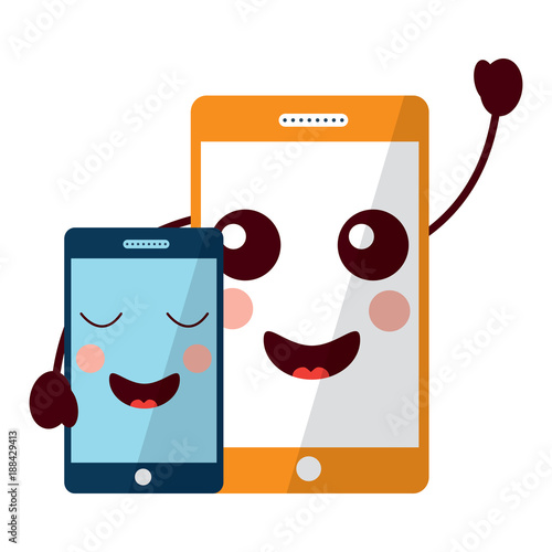 happy smartphone pair hand in hand cartoon kawaii vector illustration