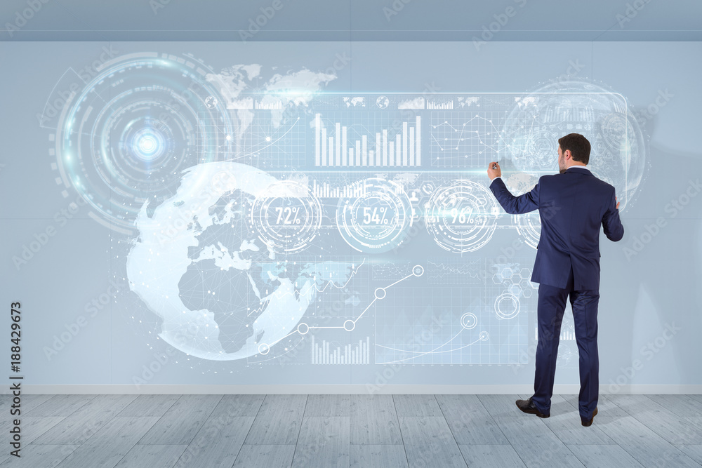 Businessman using graph screens interface on a wall 3D rendering Businessman using graph screens interface on a wall 3D rendering