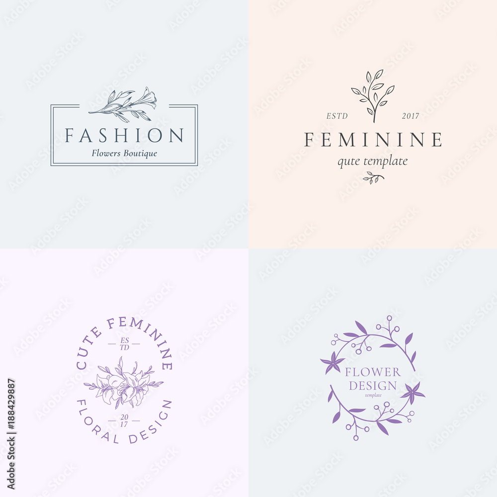 Abstract Feminine Vector Signs or Logo Templates Set. Retro Floral Illustration with Classy Typography. Premium Quality Flower Emblems for Beauty Salon, SPA, Wedding Boutiques, etc.