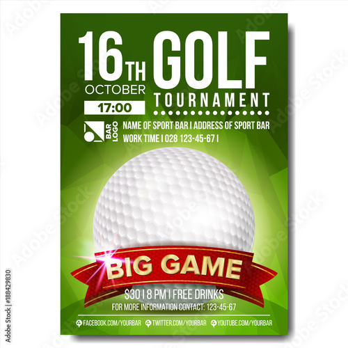 Golf Poster Vector. Golf Ball. Vertical Design For Sport Bar Promotion. Tournament, Championship Flyer Design. Golf Club Flyer. Invitation Label Illustration