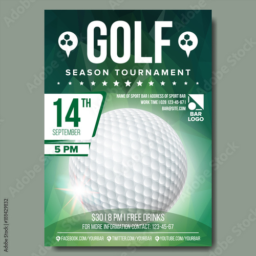 Golf Poster Vector. Banner Advertising. Sport Event Announcement. Ball. A4 Size. Announcement, Game, League Design. Championship Label Illustration