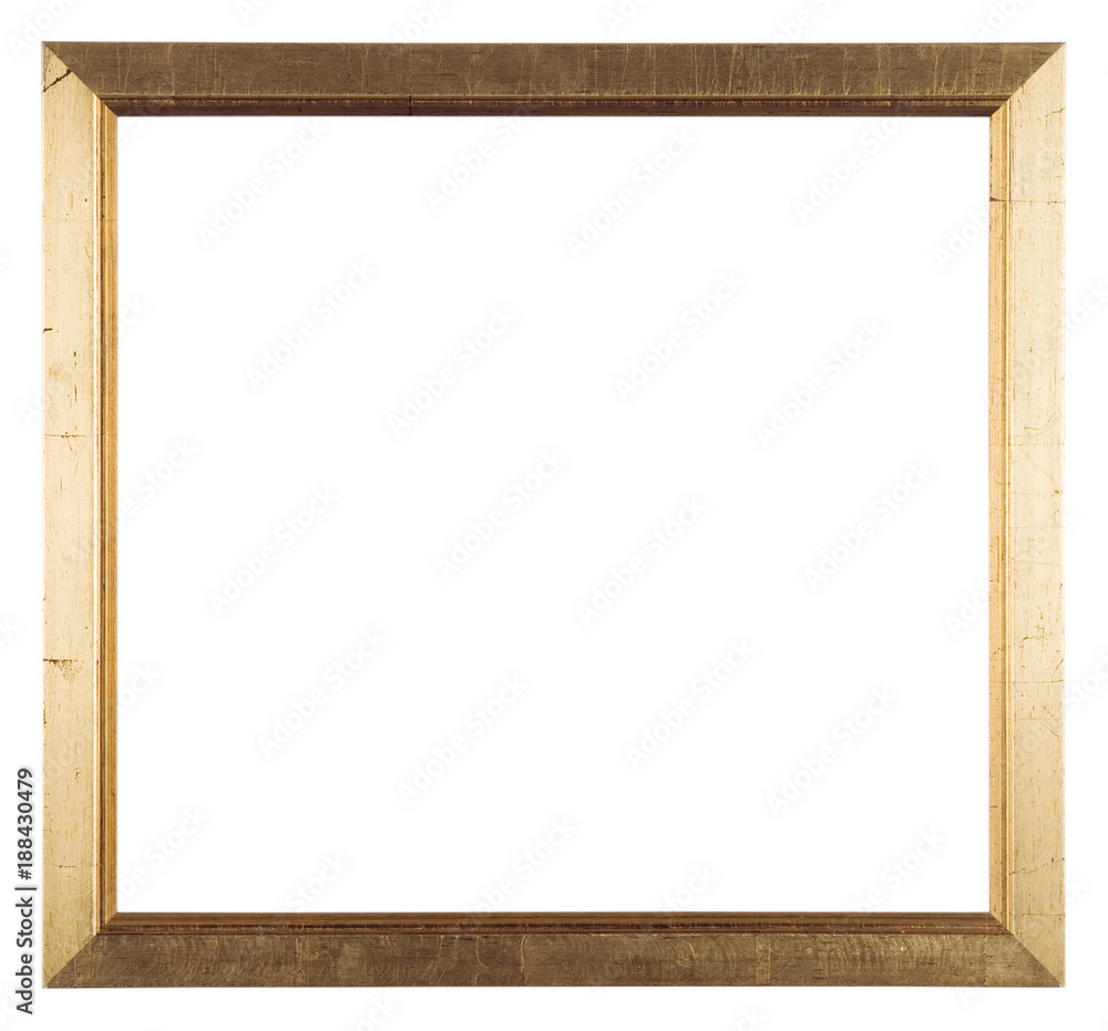 Fototapeta premium Empty picture frame isolated on white, landscape format, heavily distressed gilt finish