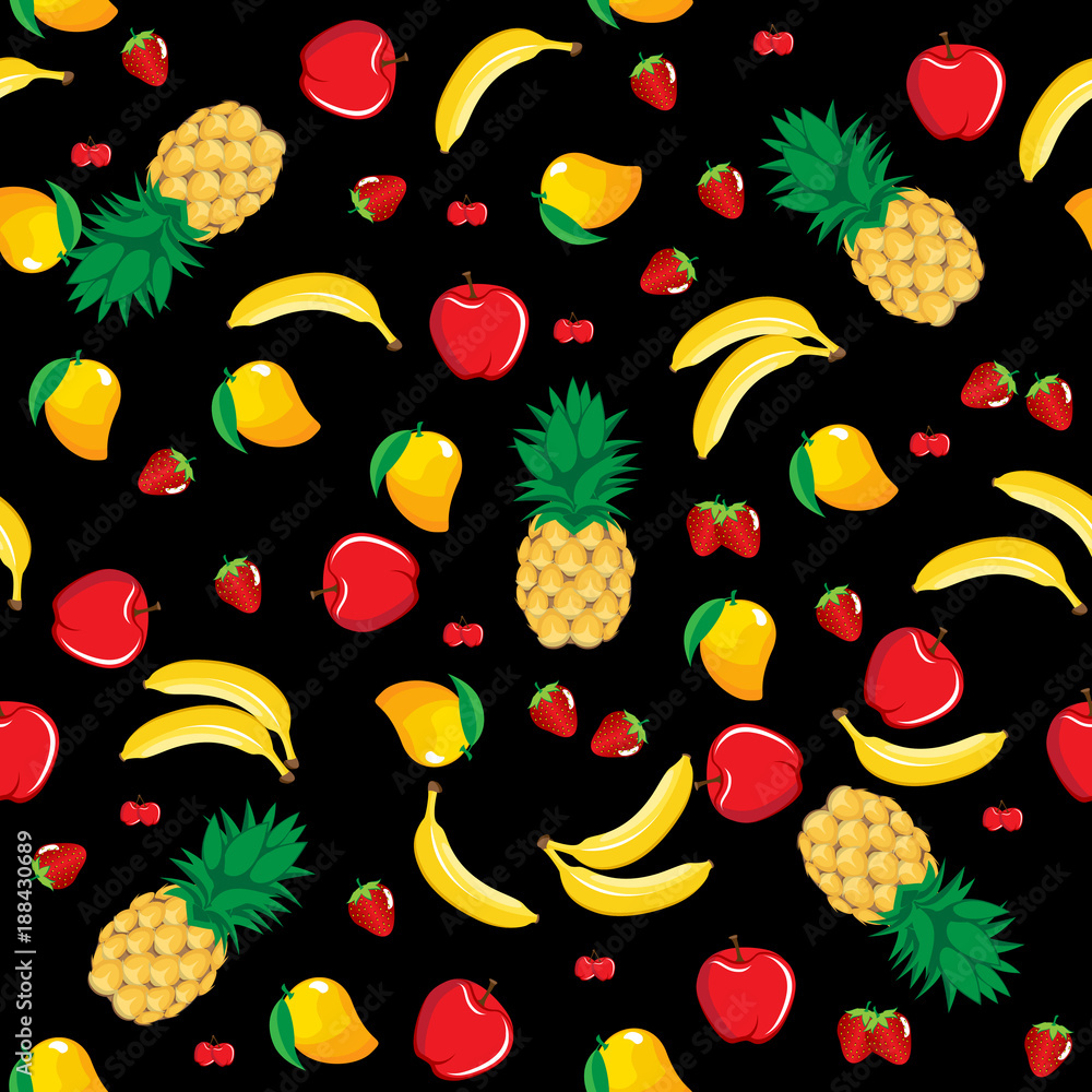 mango pineapple apple strawberry banana cherry mix fruits seamless pattern  on black background. Available in high-resolution jpeg & editable eps, for  wallpaper, pattern, web, graphic & printing Stock Vector | Adobe Stock