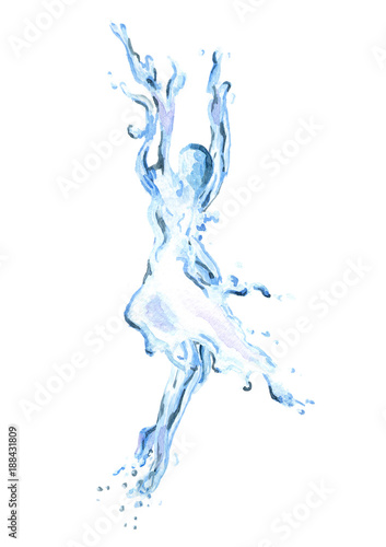 Water splash in form of girl isolated on white background. Watercolor hand drawn illustration