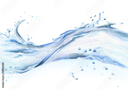 Water wave isolated on white background. Watercolor hand drawn illustration