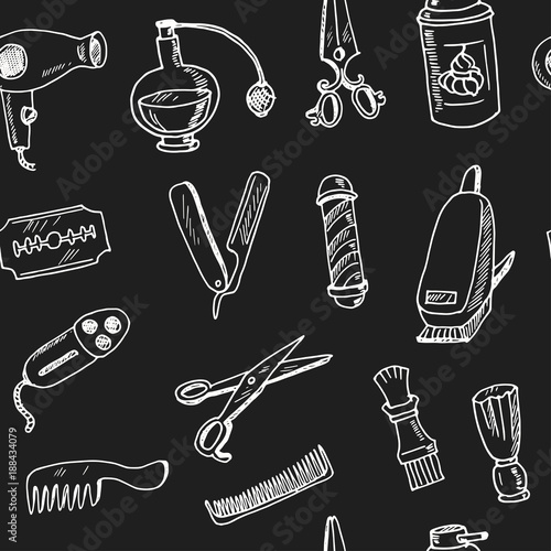 Hand drawn doodle barbershop seamless pattern