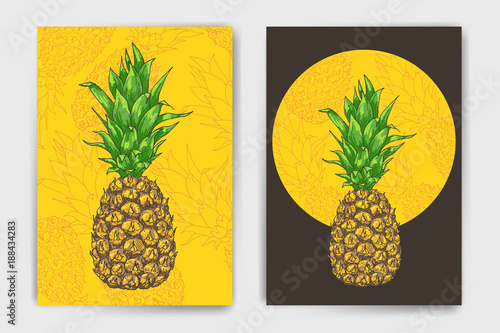 Vector pineapple mock up set. Colorful design with ananas for cover, brochure or print template. Easy to use and modify, created using clipping mask