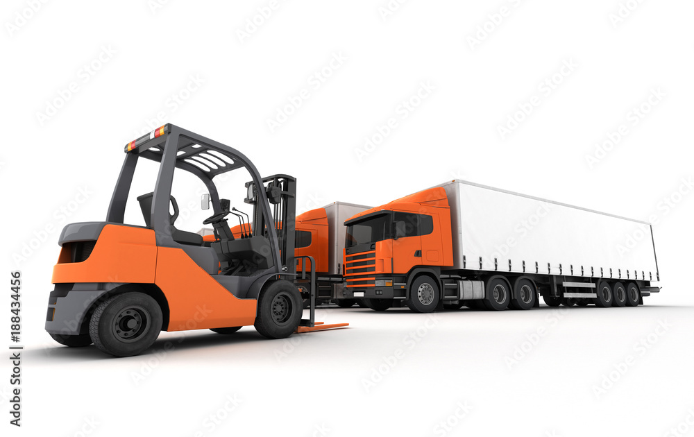 Delivery and logistics concept. Forklift at foreground with group of tilt van trucks at background at warehouse isolated on white background. Front perspective view. 3D illustration Delivery and logistics concept. Forklift at foreground with group of tilt van trucks at background at warehouse isolated on white background. Front perspective view. 3D illustration
