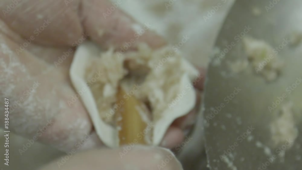 Person scoops dumpling filling, close up Person scoops dumpling filling, close up