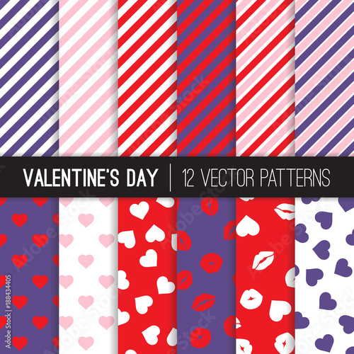Valentine's Day Patterns with Red, Pink and Purple Stripes, Hearts, Lips and Kisses, Lipstick Marks. Ultra Violet - 2018 Color of the Year. Cute Romantic Backgrounds. Vector Tile Swatches Included.