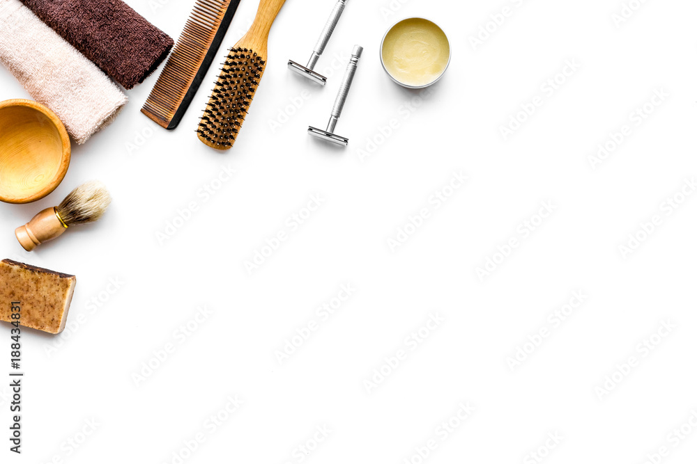 Tools beard and moustaches' care. Razor and brush on white background top view copy space Tools beard and moustaches' care. Razor and brush on white background top view copy space