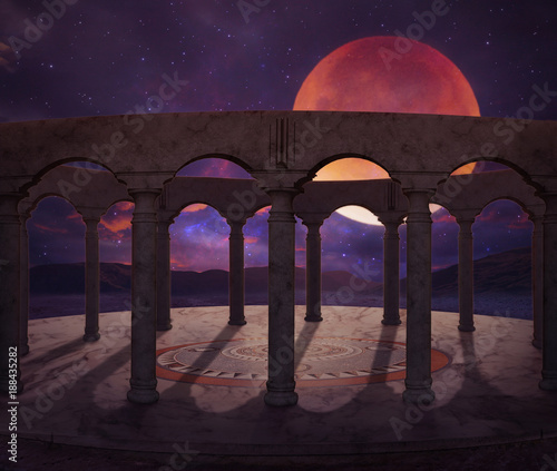 Fantasy temple with big moon in the desert