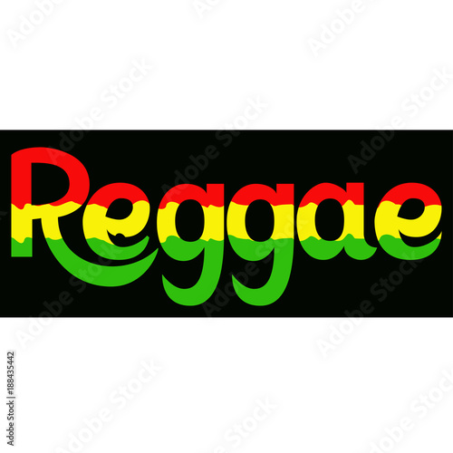 Reggae label. Vector lettering poster. Rastafarian colors background.