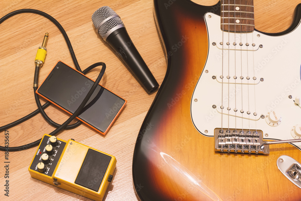 Naklejka premium Set of music objects with electric guitar