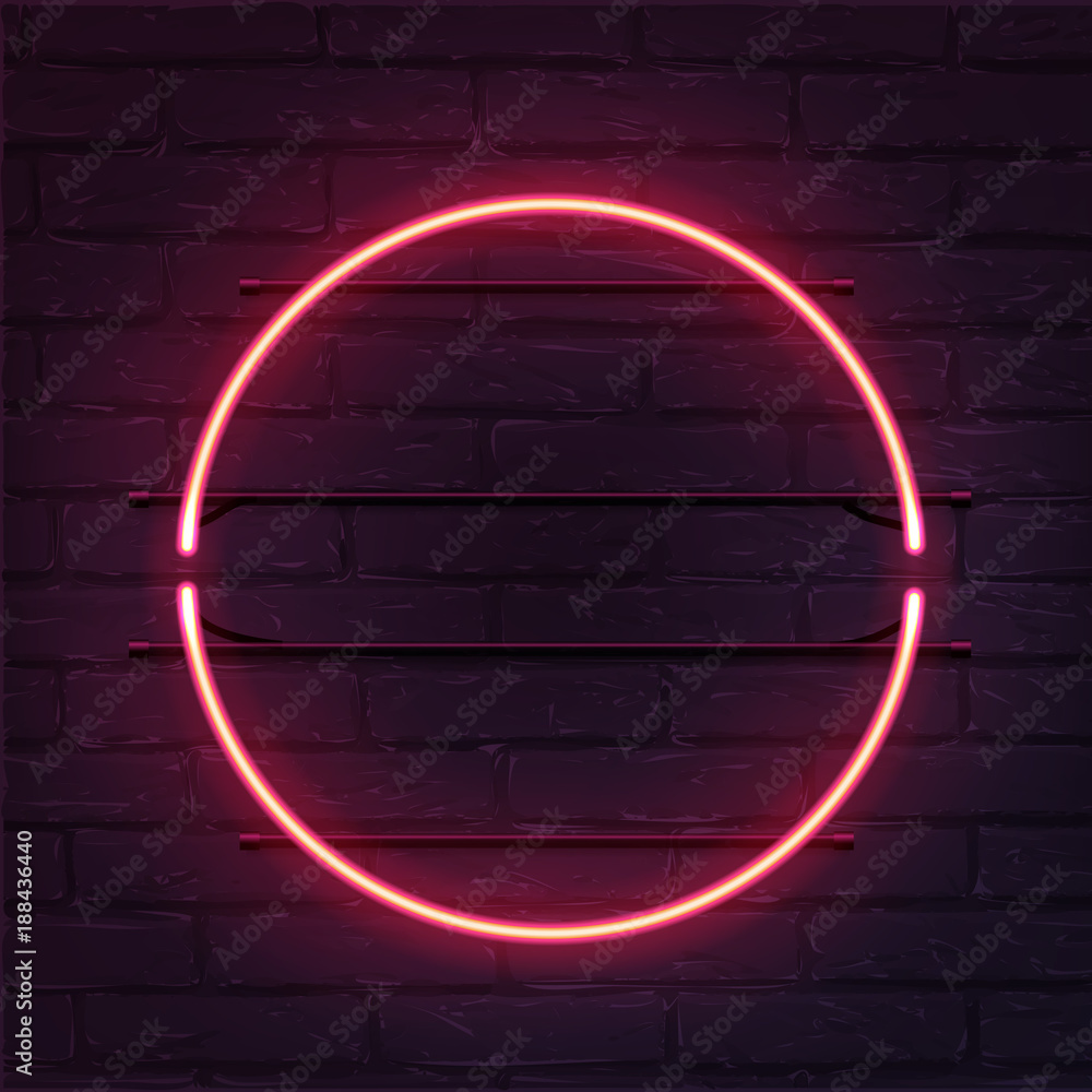 Circle pink neon sign. Vector realistic neon circle on brick wall