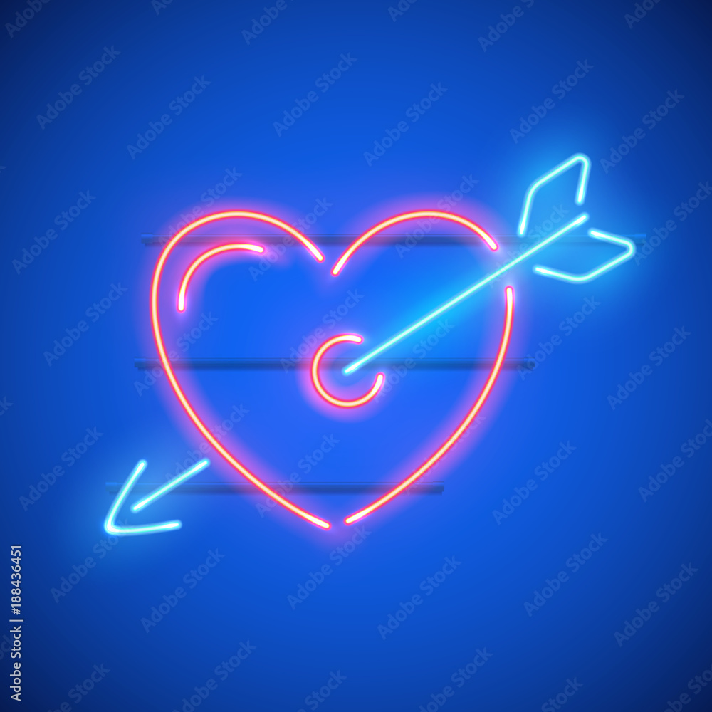 Pink heart with blue arrow neon sign. Vector realistic neon heart with arrow on blue wall. Pink heart with blue arrow neon sign. Vector realistic neon heart with arrow on blue wall.