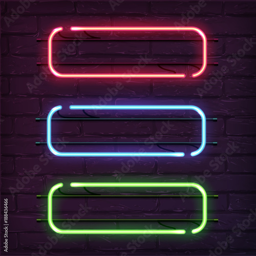 Different color neon frames. Vector realistic neon rectangles on brick wall.