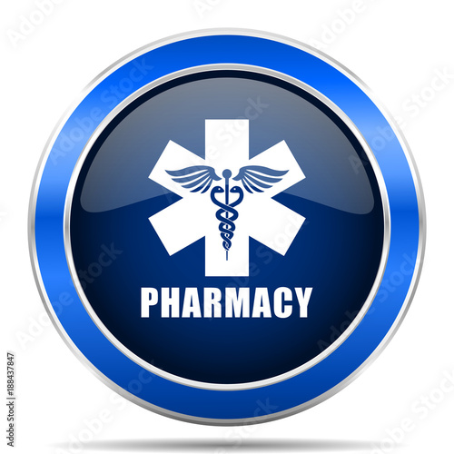 Pharmacy vector icon. Modern design blue silver metallic glossy web and mobile applications button in eps 10