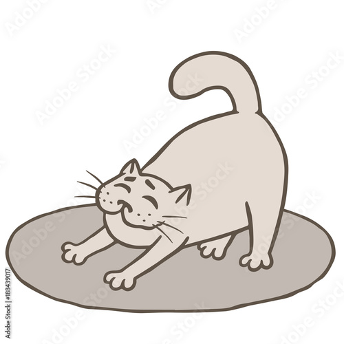 Cute grey cat woke up and stretched on mat. Vector illustration