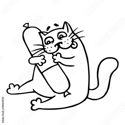 Cute cat hugs favorite smoked sausage salami. Vector illustration