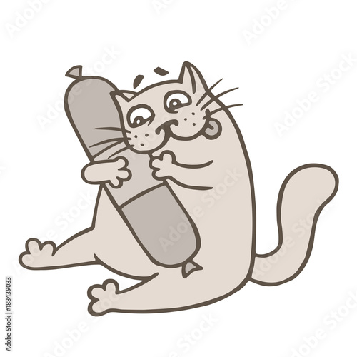 Funny cartoon cat craves sausages salami. Vector illustration