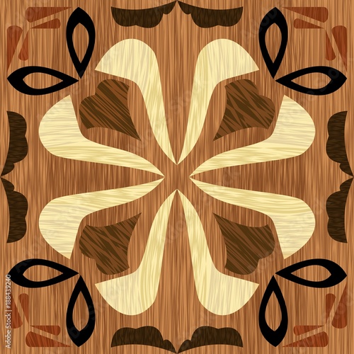 Wood art inlay tile, geometric ornament from dark and light wood in antiquarian style